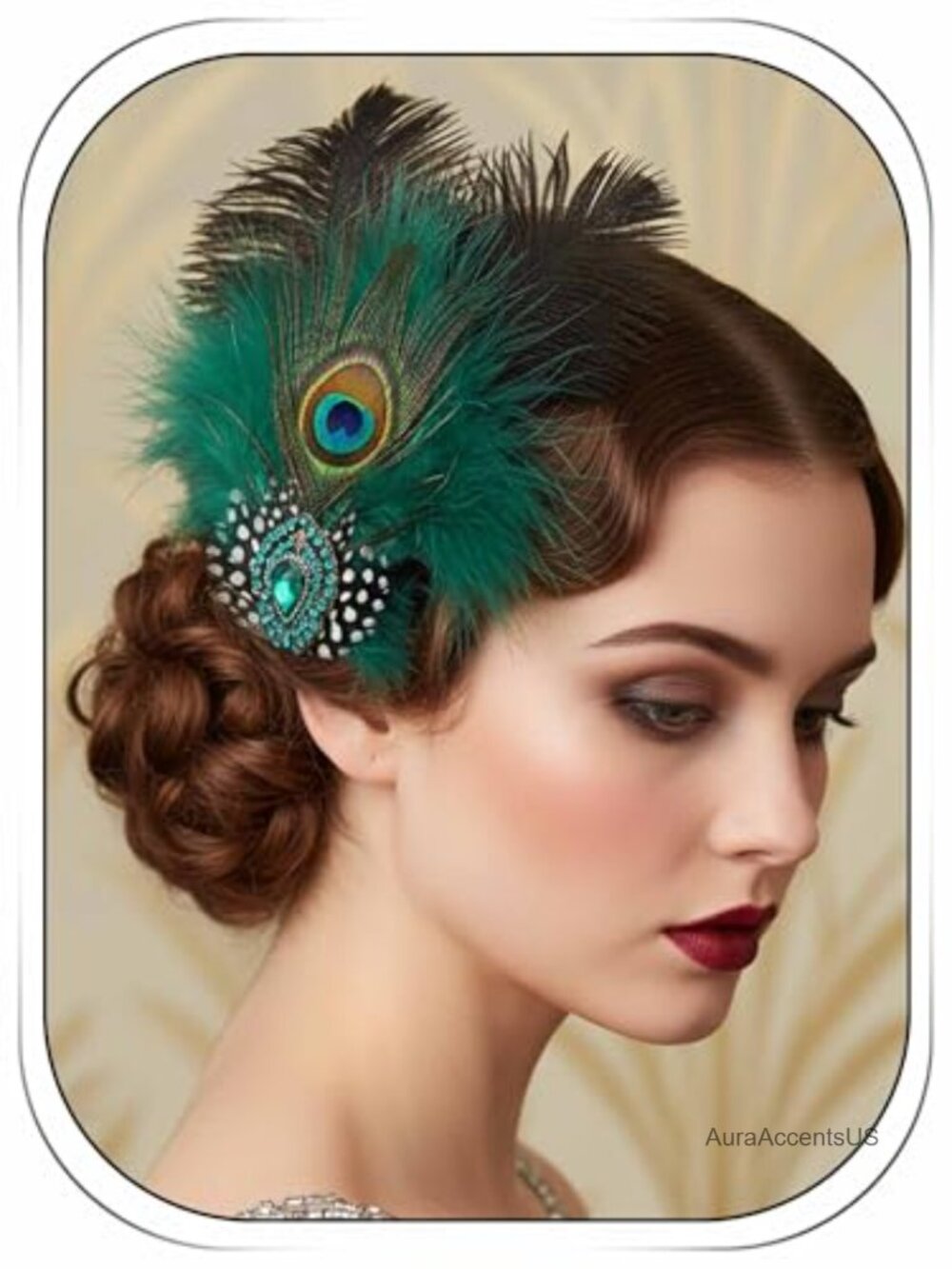 Peacock Feather Rhinestone Hair Clip 1920s Flapper Accessory